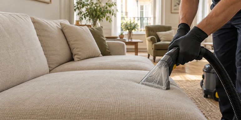 Nettoyage d’une assise de divan en tissu beige
